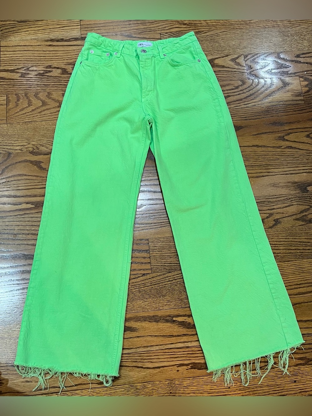 Zara Women’s The Boogie Pant SuperWide Leg Jeans Sz6 Neon Lime Streetwear Rave